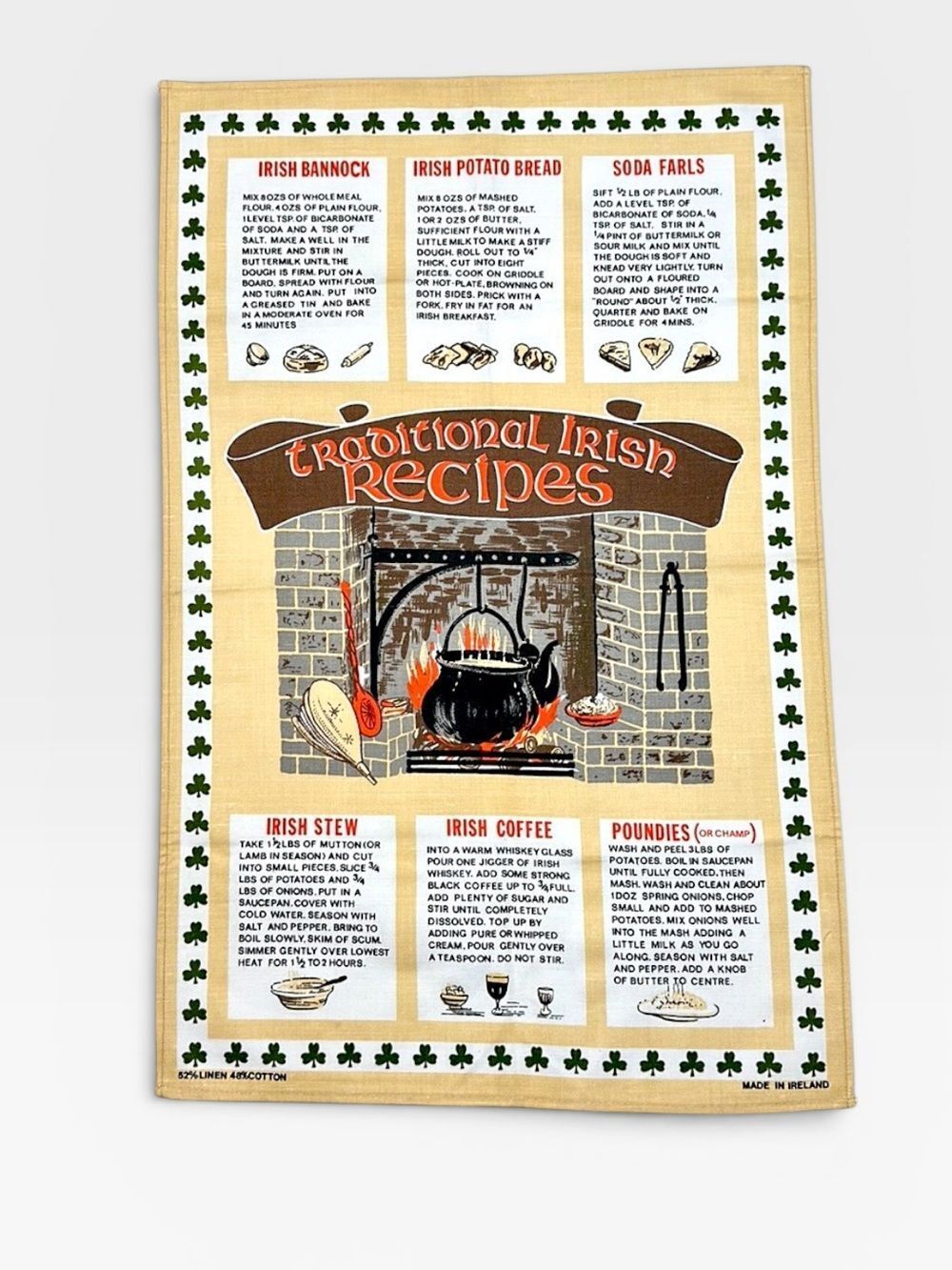 Vintage Pure Irish Cotton Linen Kitchen Tea Towel Traditional Irish Recipes